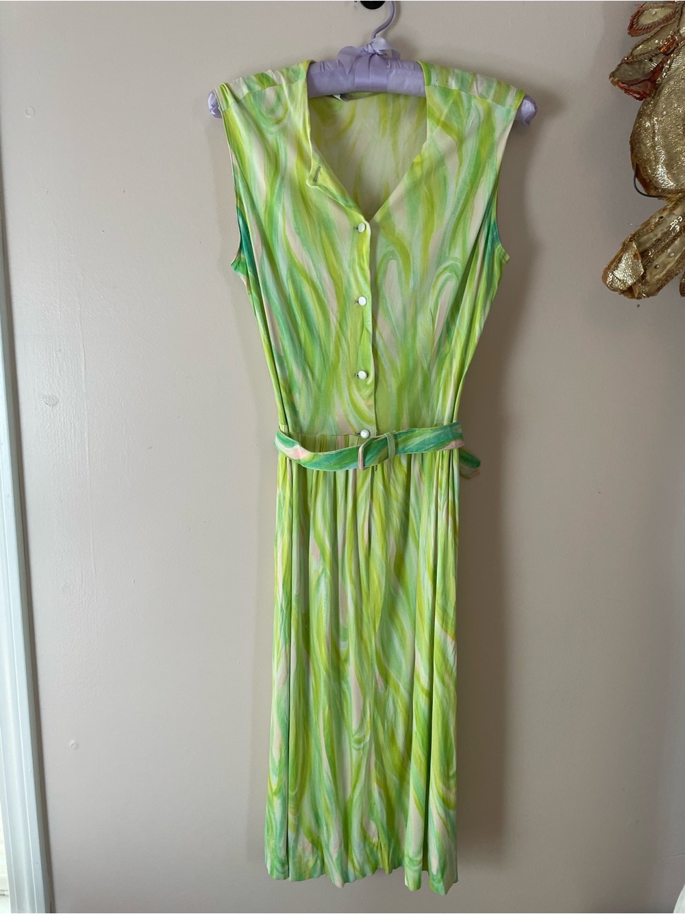 Vintage Acid Green Swirl Sleeveless Nylon Midi Dress with Belt